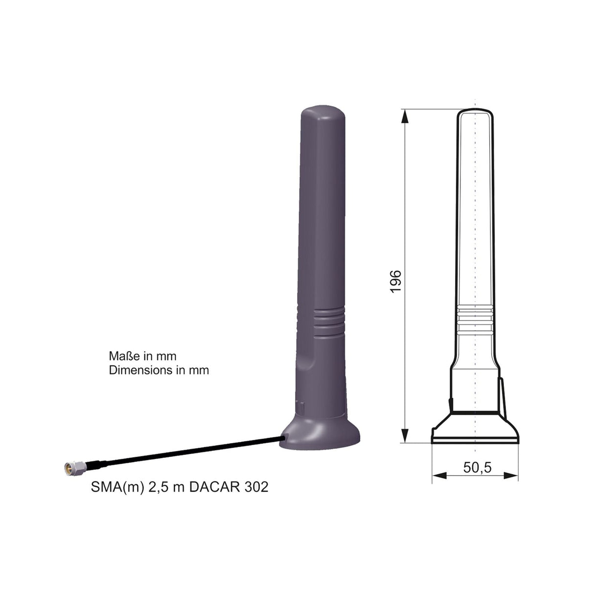 ATTB 3407.01 Magnethaftantenne, 2G/3G/4G/Bluetooth/868 MHz/WLAN, 2,6 m DACAR 302, SMA (m) - mySmartShop.de