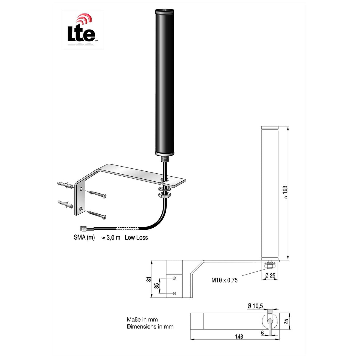ATTB 4934.02 Stationsantenne, 4G/3G/2G/868 MHz/WLAN, inkl. Halterung, 3 m Low Loss, SMA (m) - mySmartShop.de
