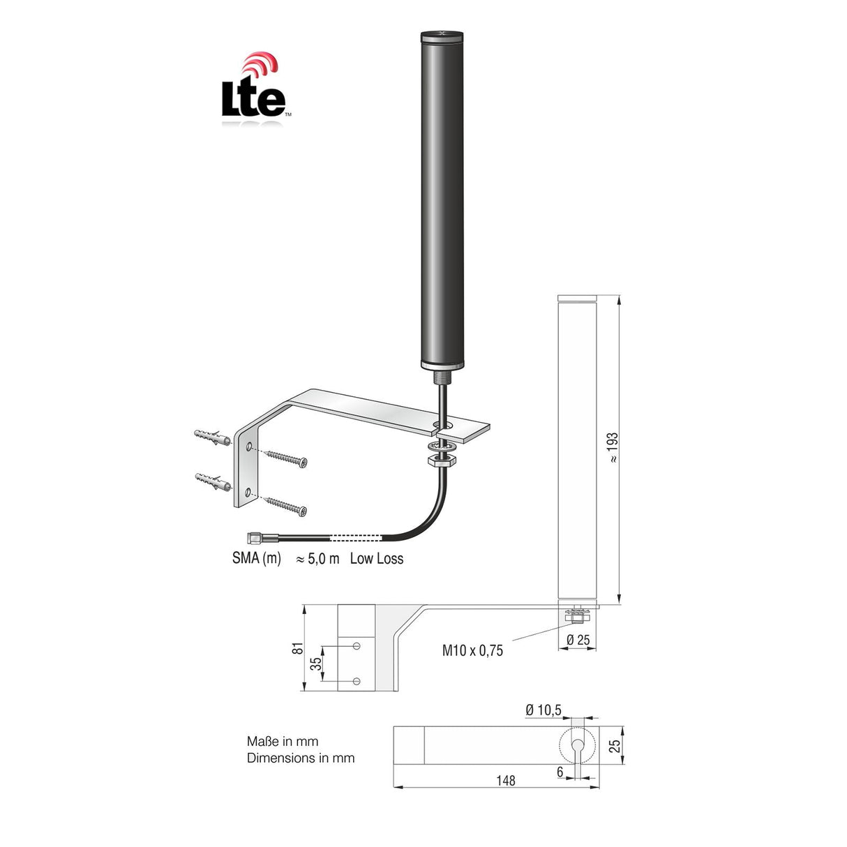 ATTB 4934.04 Stationsantenne, 4G/3G/2G/868 MHz/WLAN, inkl. Halterung, 5 m Low Loss, SMA (m) - mySmartShop.de