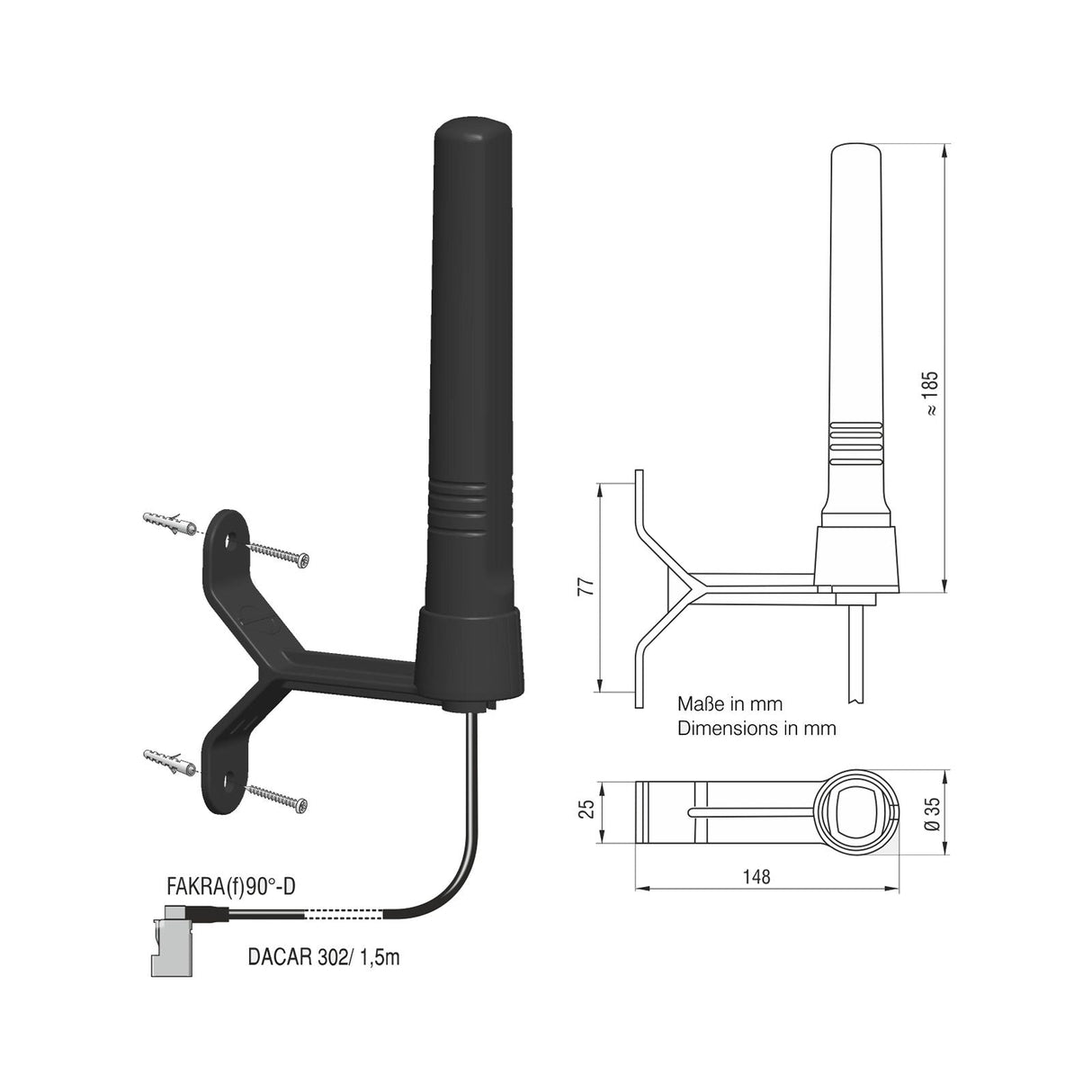 ATTB 4940.02 Stationsantenne (LTE, GSM, UMTS) inkl. Winkel, 1,5 m DACAR 302, FAKRA(f)D 90° - mySmartShop.de