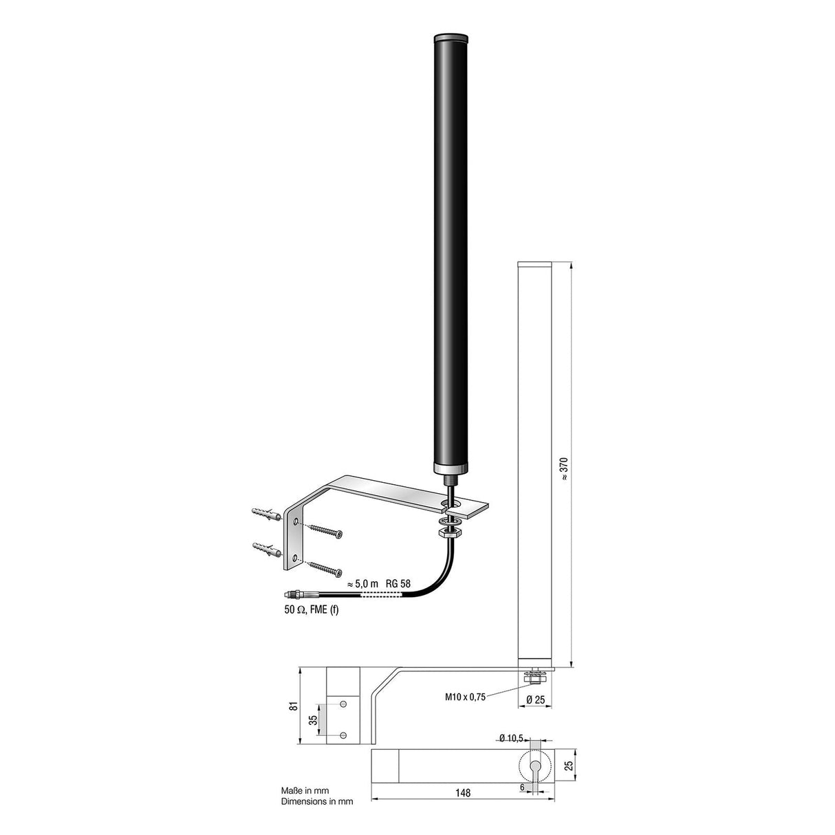 ATTB 4930.01 Stationsantenne, TETRA (380 - 470 MHz), 5,0m RG 58, FME(f) - mySmartShop.de